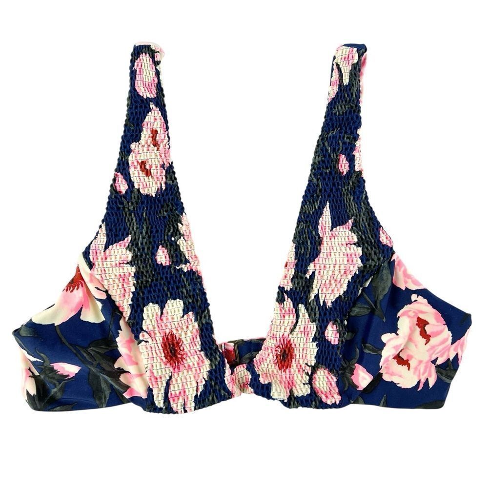 Tori Praver Seafoam Navy Blue Floral Swim‎ Bikini Top Smocked Front Size Medium